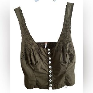 Free People Embroidered Olive Green Button-Up Crop NWOT